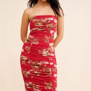 BHLDN Anthropologie Red Floral Strapless Dress